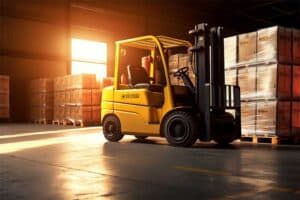 Efficient China Vast Logistics forklift operating in warehouse with pallets and cargo, highlighting supply chain and transportation services.