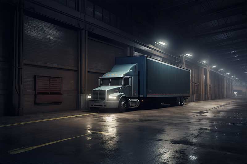 Semi-truck trailer parked inside a dark industrial warehouse, highlighting logistics and freight transportation services in China.