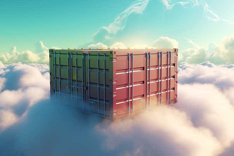 Shipping container floating among clouds in sky, representing logistics and freight transportation services in China.