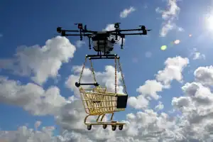 无人机在天空中运送购物车，象征跨境电商物流与配送