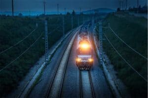High-speed freight train on railway tracks during dusk, representing efficient logistics and transportation solutions by China Vast Logistics.