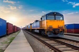 Efficient freight train at China Vast Logistics transport hub with cargo containers on railway tracks, showcasing China’s logistics and freight shipping services for international trade.