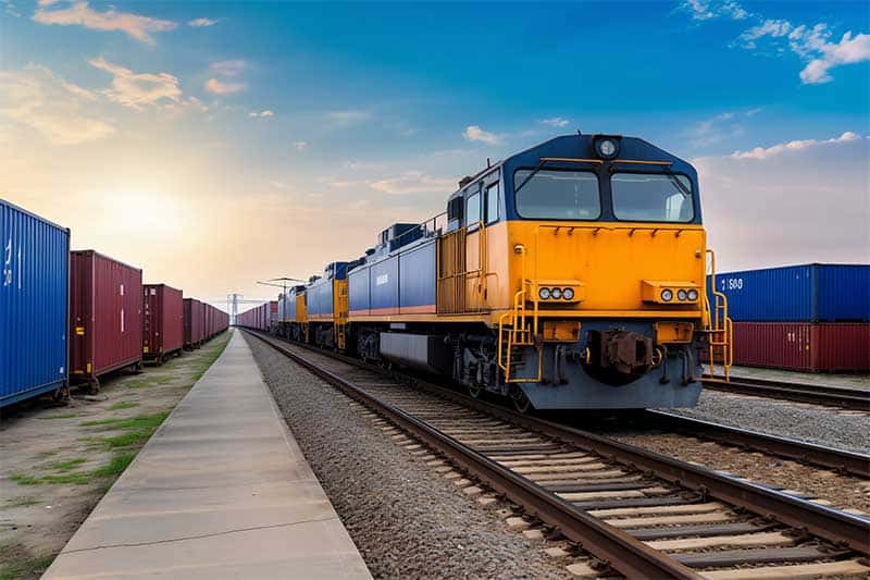 Efficient freight train at China Vast Logistics transport hub with cargo containers on railway tracks, showcasing China’s logistics and freight shipping services for international trade.