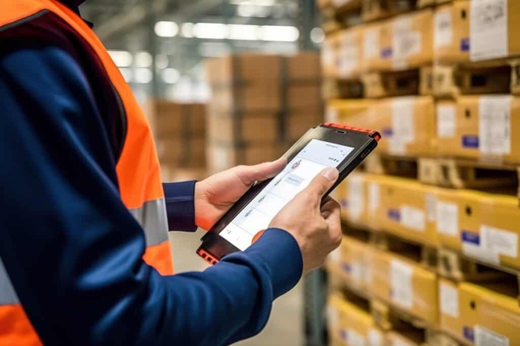 Warehouse worker in high-visibility vest using a digital tablet to manage inventory, with stacked boxes on pallets in the background, representing modern logistics and supply chain management technology