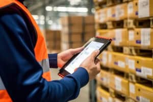 Warehouse worker in high-visibility vest using a digital tablet to manage inventory, with stacked boxes on pallets in the background, representing modern logistics and supply chain management technology