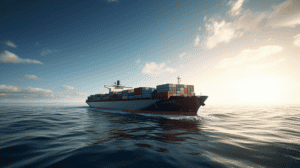 Large container ship sailing at sea under a bright sky with stacked cargo containers on deck, representing international ocean freight and global shipping logistics