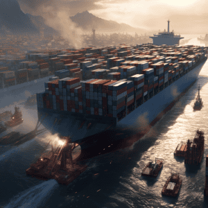 Container ship in transit with stacked cargo containers, representing international logistics and shipping from China Vast Logistics.