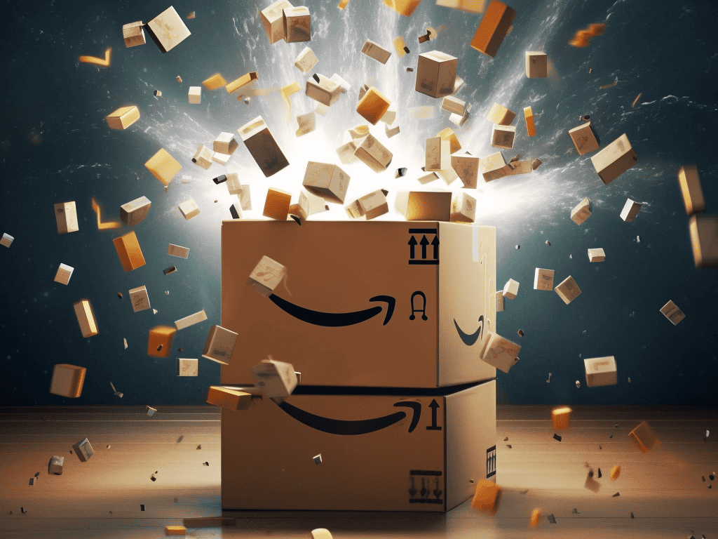 Bright Amazon boxes with logo and shipping symbols exploding, representing logistics, shipping, and e-commerce delivery services from China Vast Logistics.