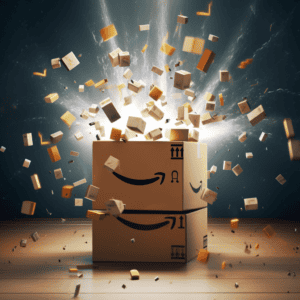 Shipping boxes exploding from Amazon Prime package, dramatic explosion effect, logistics delivery, courier shipment, fast shipping, transit, worldwide delivery, logistics solutions, supply chain, global shipping, China Vast Logistics.