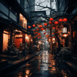 China Vast logistics, traditional Chinese street with red lanterns, nighttime, wet pavement, cultural transportation, urban scene.