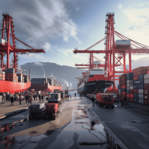 Container ships at a port with large red cranes loading and unloading cargo, showcasing logistics and shipping operations in China.