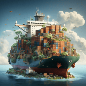 Cargo ship with shipping containers, greenery, and birds, representing global freight logistics and warehousing services by China Vast Logistics.