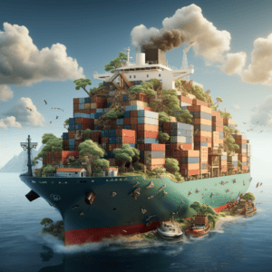 Container ship carrying logistics containers with a unique rooftop landscape of trees and a building, representing innovative shipping solutions from China Vast Logistics.