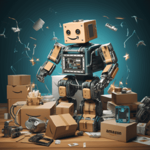 Robotic delivery automation with a humanoid robot surrounded by Amazon packages and shipping materials, highlighting advanced logistics solutions in China.