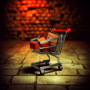 Aisle shopping cart filled with packaged Chinese products, on brick floor with blurred brick wall background, representing China Vast Logistics and international freight services.