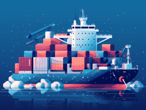 Container cargo ship with stacked freight containers sailing through icy waters, representing China Vast Logistics' shipping and freight forwarding services.