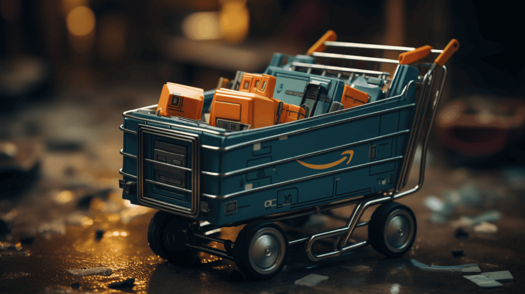 Miniature shopping cart filled with small Amazon-branded boxes, representing efficient logistics and e-commerce shipping solutions from China Vast Logistics.