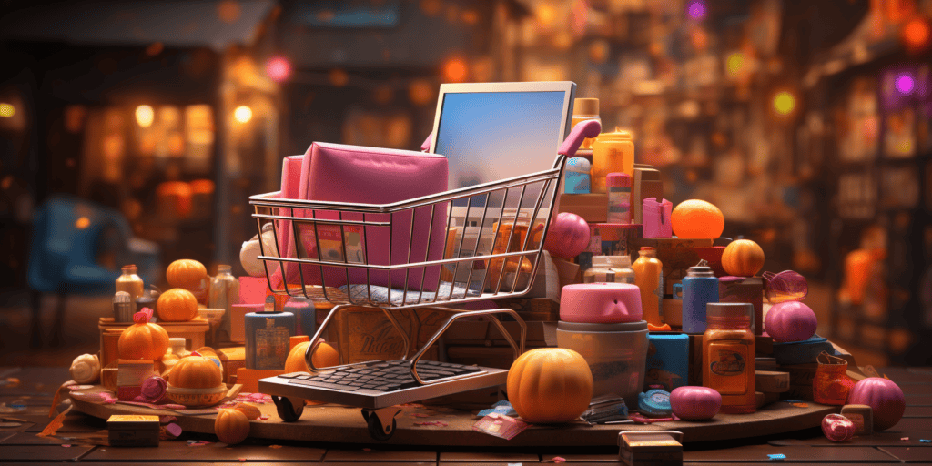 Shopping cart filled with beauty and health products at a supermarket, with various bottles, jars, and fruits around it, emphasizing logistics and distribution of health products.