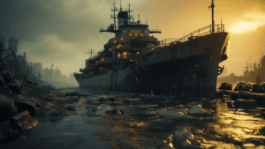 An abandoned, rusting warship stranded in a desolate, flooded industrial wasteland at sunset, with its dim lights glowing against a dramatic stormy sky