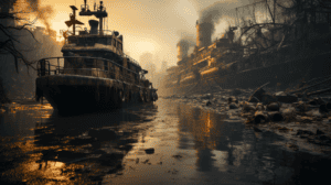 A rusted, abandoned tugboat drifting in a polluted, flooded industrial wasteland with decaying warships and smoke rising in the background at sunset