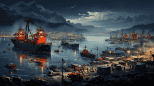 A dramatic night scene at a busy harbor surrounded by snowy mountains, with large illuminated cargo ships, smaller vessels, cranes, and dockworkers handling containers and trucks under glowing lights