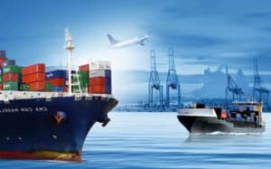 Efficient China Vast Logistics maritime shipping with cargo ships, cranes, and airplane for global freight forwarding and supply chain solutions.