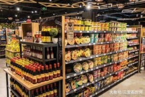 Vast Logistics China supermarket aisle with various packaged food products, snacks, and sauces neatly arranged on shelves, showcasing efficient supply chain and retail operations.