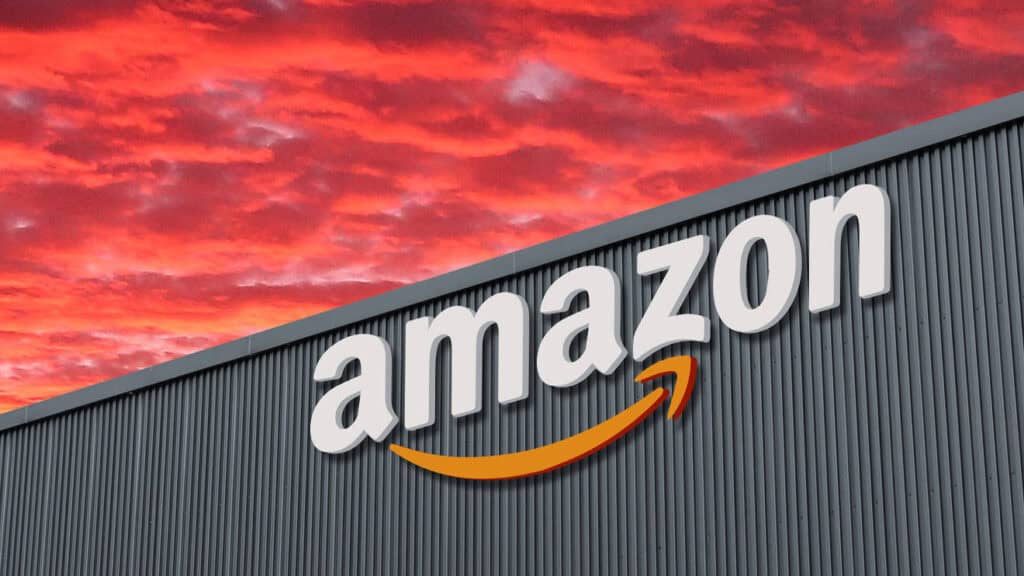 China Vast Logistics warehouse with Amazon logo under dramatic red sunset sky, showcasing reliable supply chain and freight forwarding services from China to global markets.