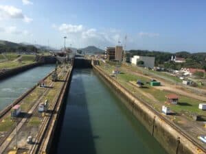 Panama Canal locks during transit, showcasing logistical expertise in international freight shipping and logistics management.