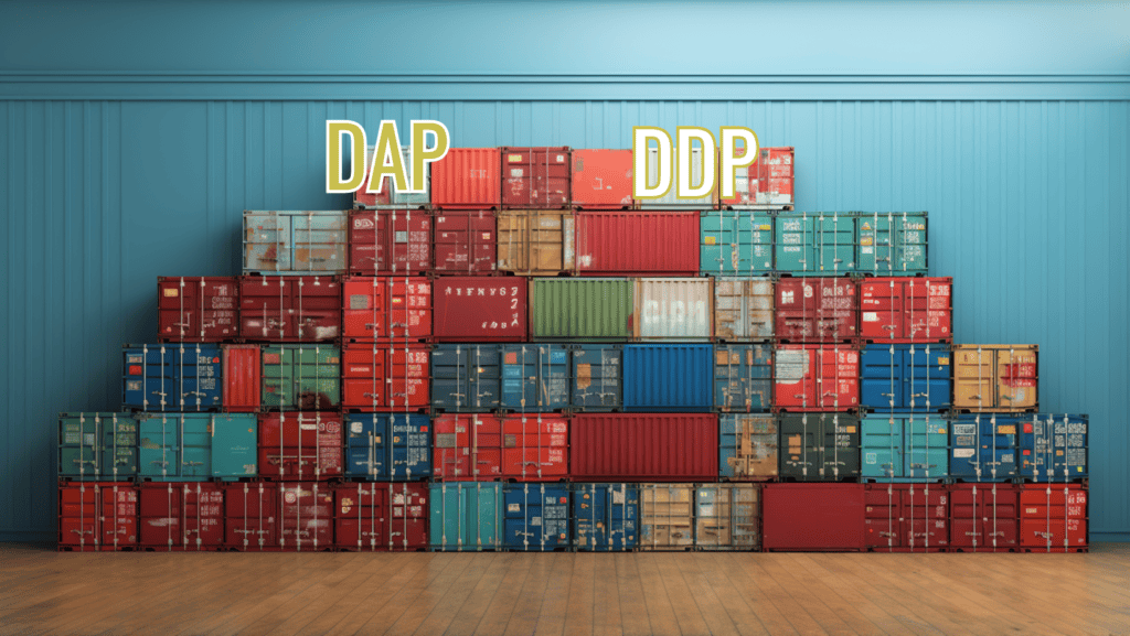 Container storage with DAP and DDP shipping labels at China Vast Logistics facility, showcasing cargo handling, international freight forwarding, and supply chain solutions in China.