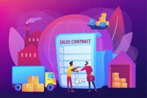 Illustration of two businessmen shaking hands in front of a large sales contract document, surrounded by factory, warehouse, truck, cargo ship, and stacked boxes representing global trade and logistics