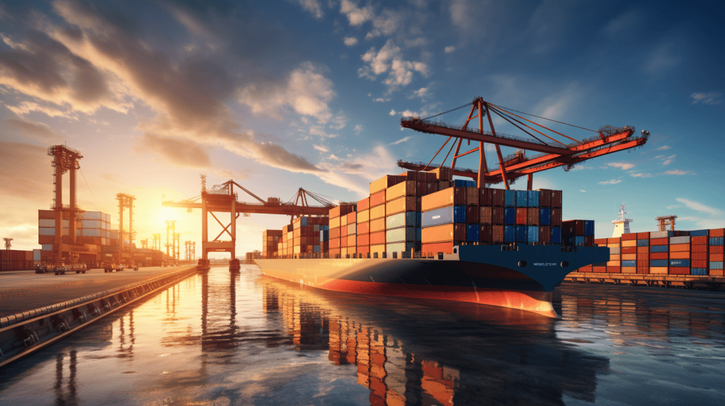 Container ship at port with cranes during sunset, representing China Vast Logistics' global shipping and freight forwarding services.