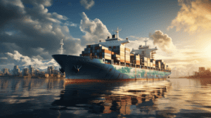 Container cargo ship at sea during sunset, symbolizing international shipping and logistics services in China.