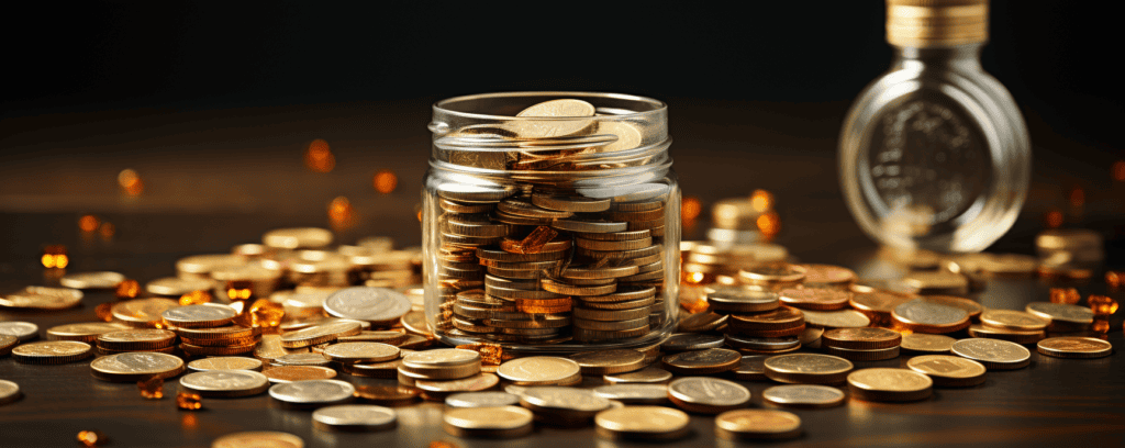 Coins in glass jars with scattered currency, representing financial logistics, international trade, and currency management linked to China Vast Logistics services.