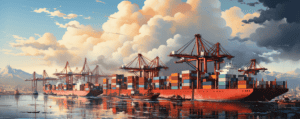 Container ships with cargo at a bustling port in China, showcasing logistics and shipping services provided by China Vast Logistics. Modern cargo handling and freight solutions in Asia.