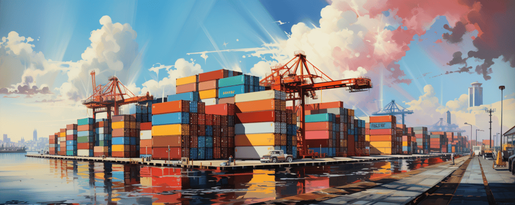 Containers at a busy China Vast Logistics port with cranes, ships, and cargo, showcasing global freight shipping, supply chain logistics, and international trade services in China.