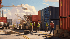 Shipping container handling at China Vast Logistics, cargo loading and unloading, industrial port, freight forwarding, supply chain management, international shipping, logistics solutions, global trade infrastructure, construction cranes, container yard operations.