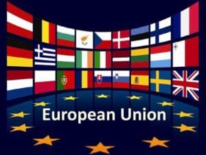 Flags of European countries representing the European Union and international logistics cooperation.