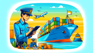Illustration of a customs officer checking cargo documents with a clipboard in front of a container ship, airplane, and tugboat, representing international trade and customs inspection