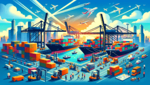 Colorful illustration of a busy international port with container ships, cargo planes, trucks, forklifts, and workers handling global trade logistics
