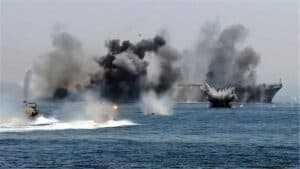 Explosion on a ship with smoke and fire during maritime operation, representing urgent logistics and cargo transport situations.