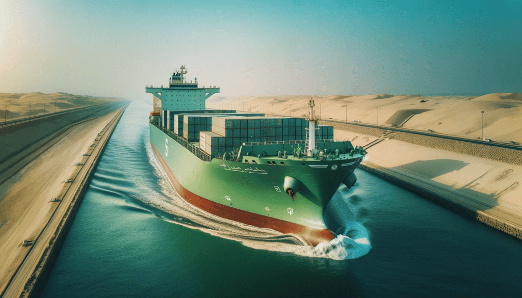 Large green container ship sailing through the Suez Canal with desert landscape on both sides
