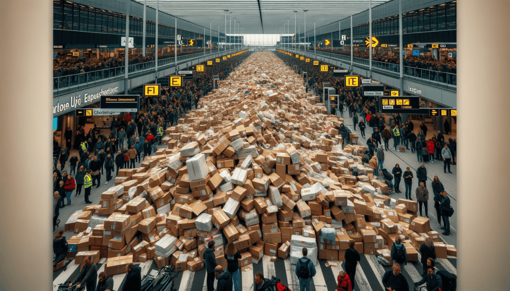 Massive pile of undelivered packages blocking a busy airport terminal, symbolizing logistics disruption and supply chain chaos