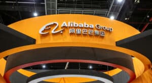 High-resolution image of Alibaba Group booth showcasing logistics and e-commerce services at an industry expo in China, highlighting global trade facilitation and innovative supply chain solutions.