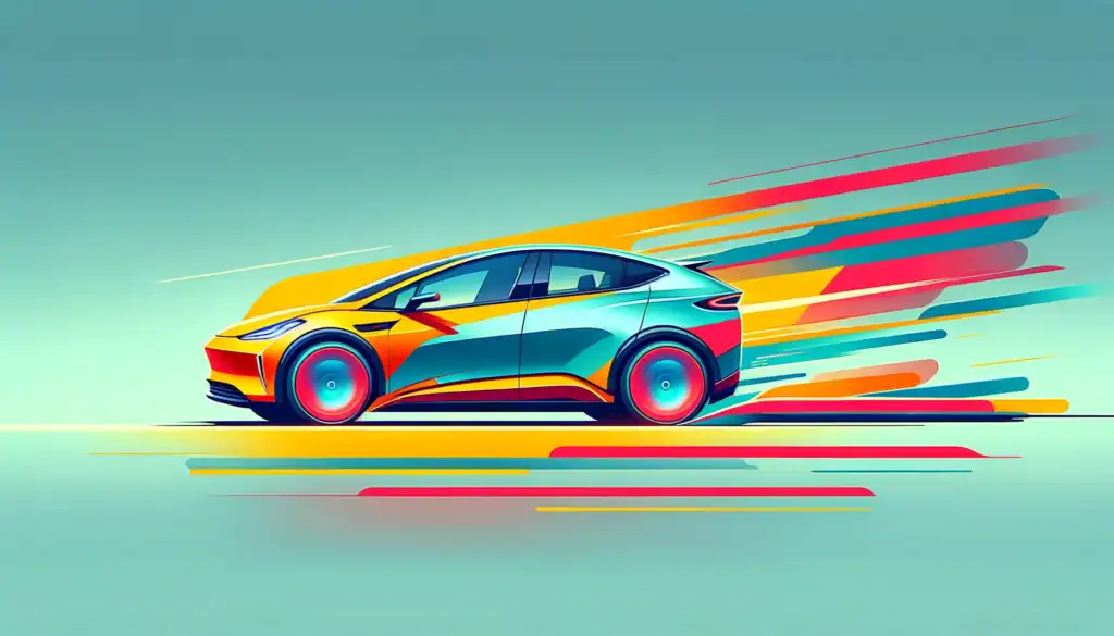 Colorful abstract illustration of a modern car in motion, with vibrant streaks of yellow, red, and blue emphasizing speed and energy