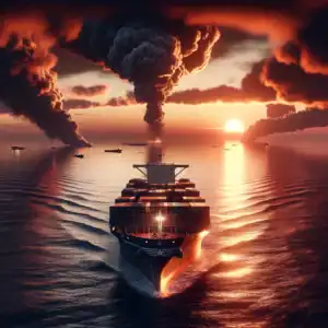 Container ship sailing at sunset with multiple explosions and smoke plumes rising in the distance over the ocean