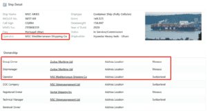 Ship detail information of MSC ARIES container vessel, showing operator MSC Mediterranean Shipping Co, group owner Zodiac Maritime Ltd, and ship manager based in Monaco and Switzerland