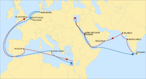 Shipping route map showing major container ports including Hamburg, Rotterdam, Antwerp, Felixstowe, Valencia, Gioia Tauro, Suez, Jeddah, King Abdullah, Salalah, Colombo, Nhava Sheva, and Mundra