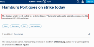Screenshot showing news headline "Hamburg Port goes on strike today" with details about labour union ver.di strike on 7 June, expected disruptions until 23:00 local time