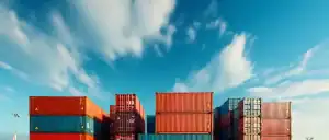 Shipping containers stacked at a port in China, international logistics cargo transport, Vast Logistics China cargo shipping hub, global freight forwarding, shipping logistics solutions.